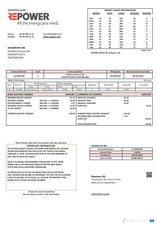 Switzerland Repower AG business utility bill template, fully editable in Word and PDF formats